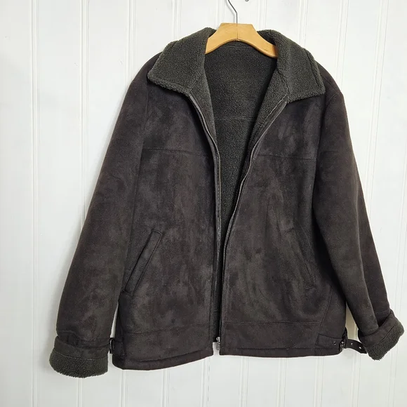 ZARA Black Faux Suede Aviator Jacket Shearling Lined Zip Coat Mens L - Picture 11 of 14